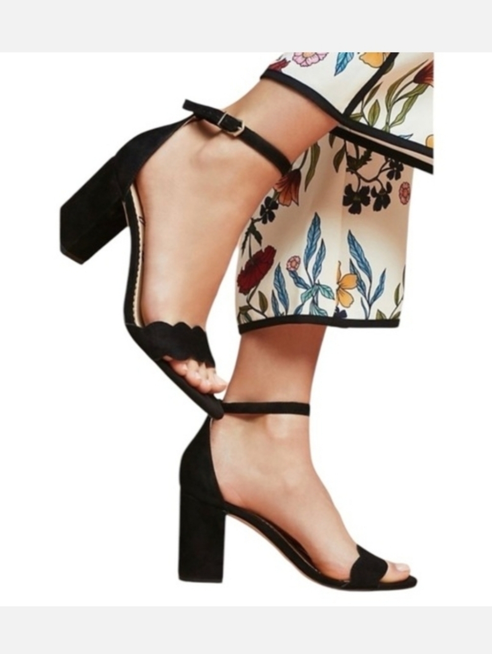 Sam Edelman Black Scalloped Odila Ankle-Strap Block Heels Size 10